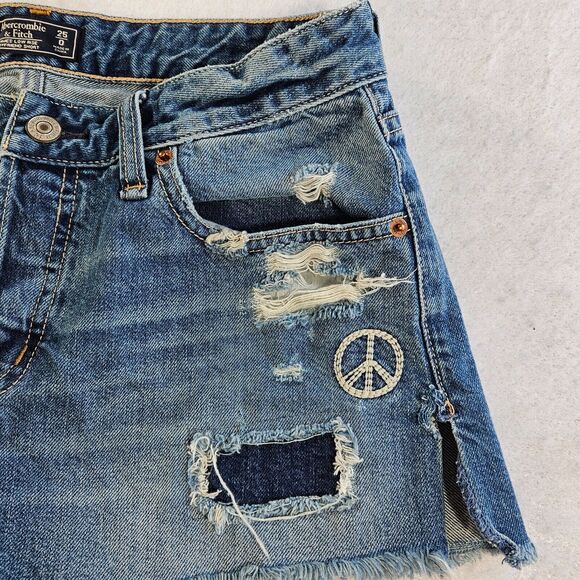 Abercrombie & Fitch Jean Denim BF Shorts Womens 25/0 Blue Embroidered Peace Sign - Picture 7 of 12